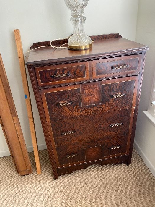 Antique burl veneer chest of drawers