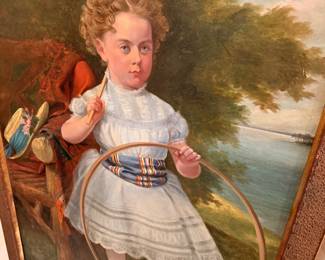 Antique style oil portrait of a young girl with a hoop