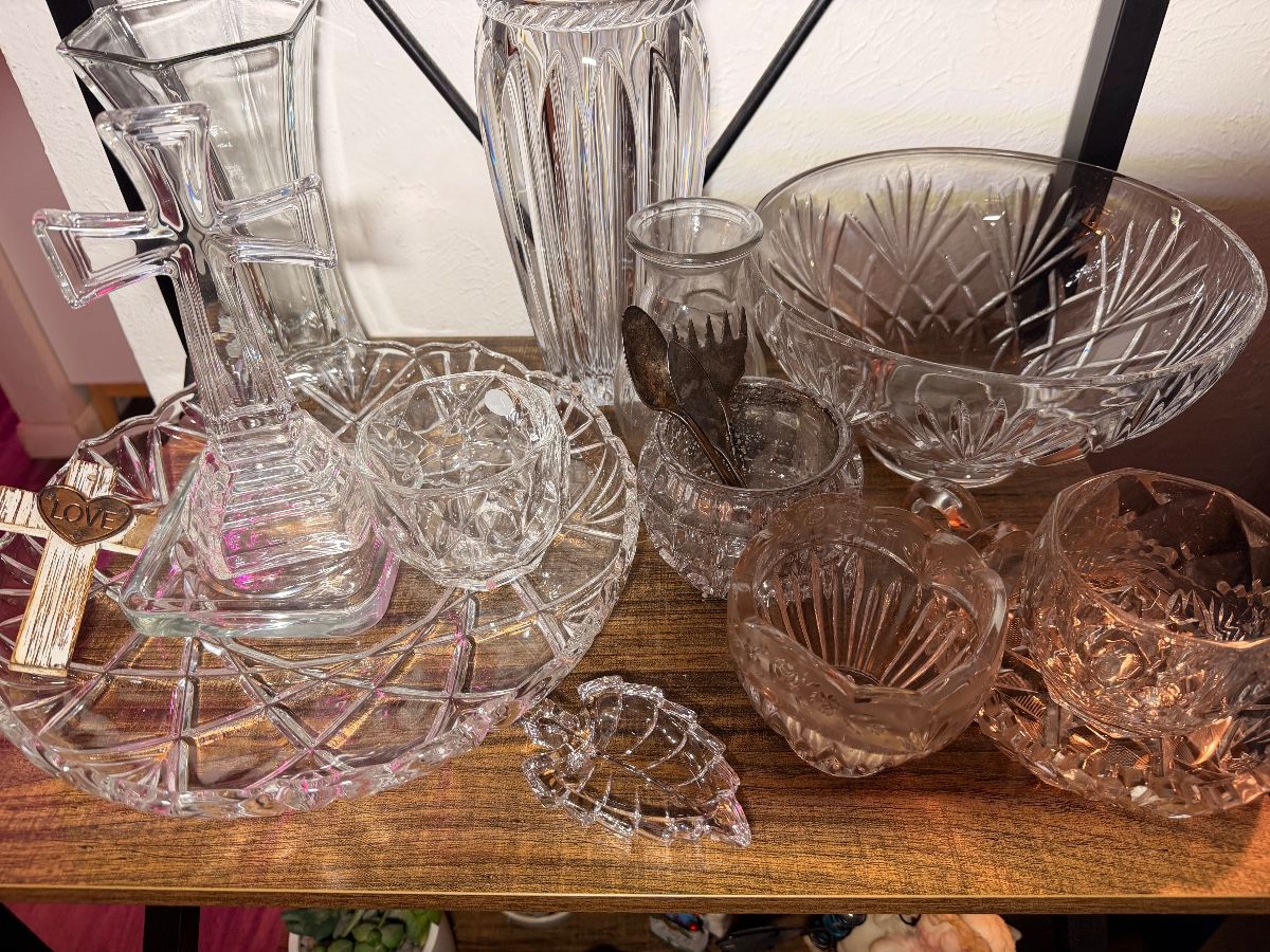 Assorted cut crystal bowls, vases and serving pieces