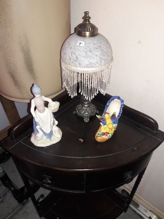 Beaded glass lamp and porcelain figurines