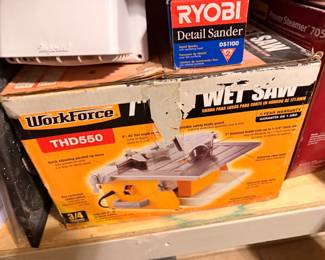 Boxed WorkForce THD550 tile wet saw and Ryobi detail sander