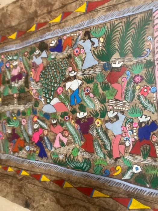 Colorful folk art painting of village life