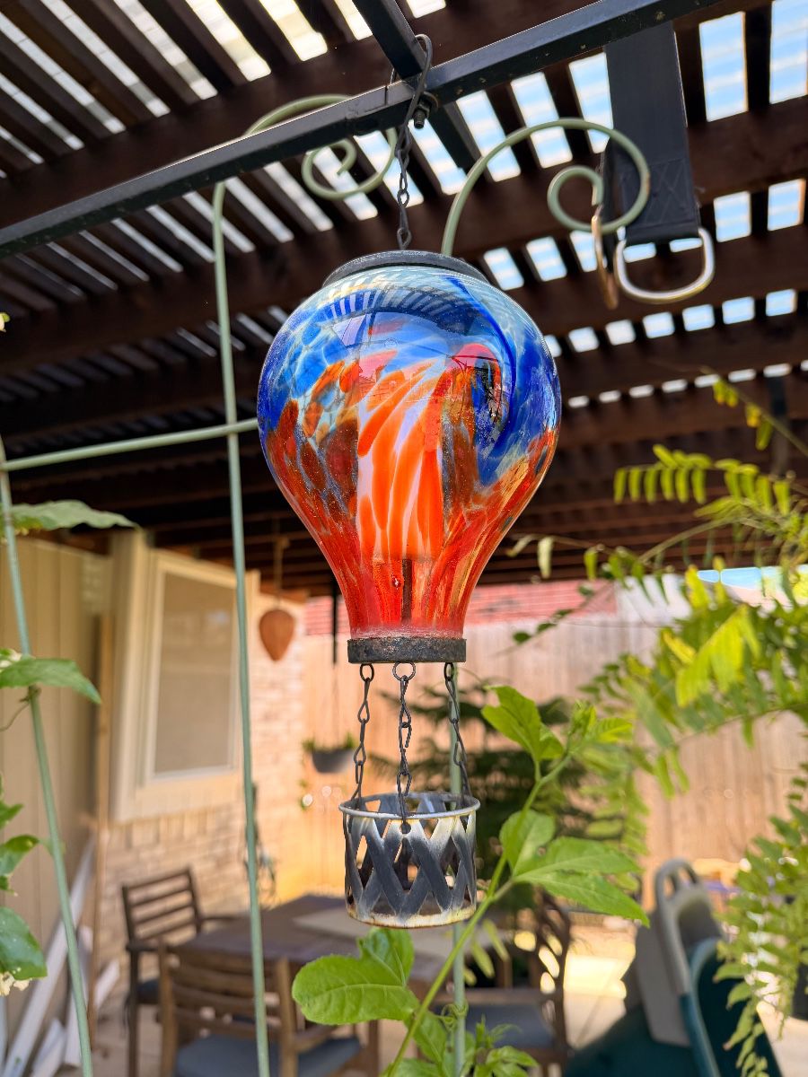 Colorful glass hot air balloon garden ornament