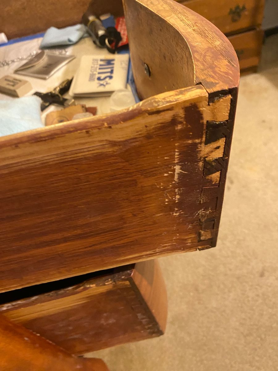 Dovetailed drawer of an antique dresser