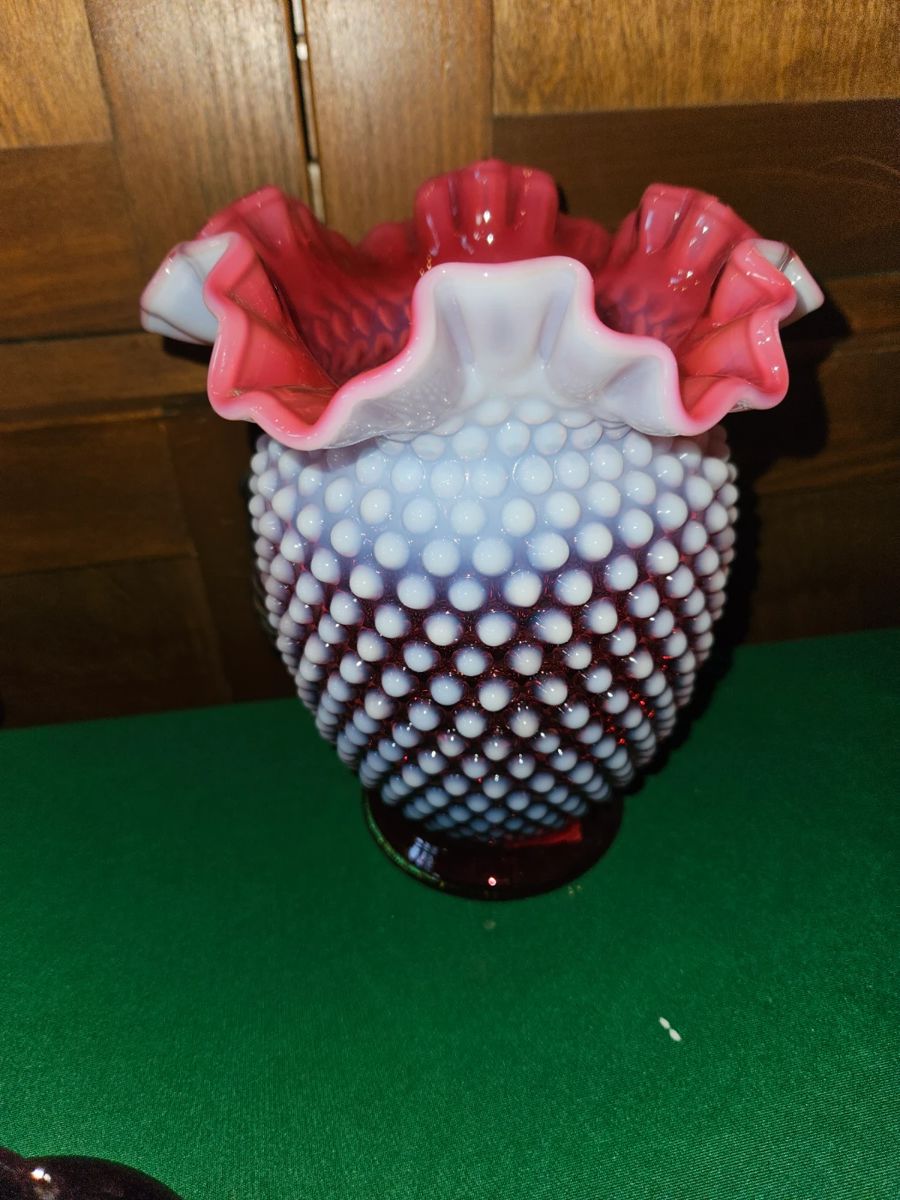 Fenton cranberry hobnail ruffled vase