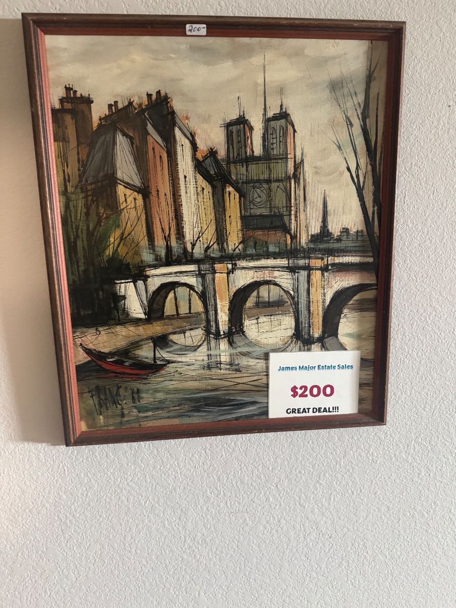 Framed Paris riverscape painting of Notre Dame and a stone bridge