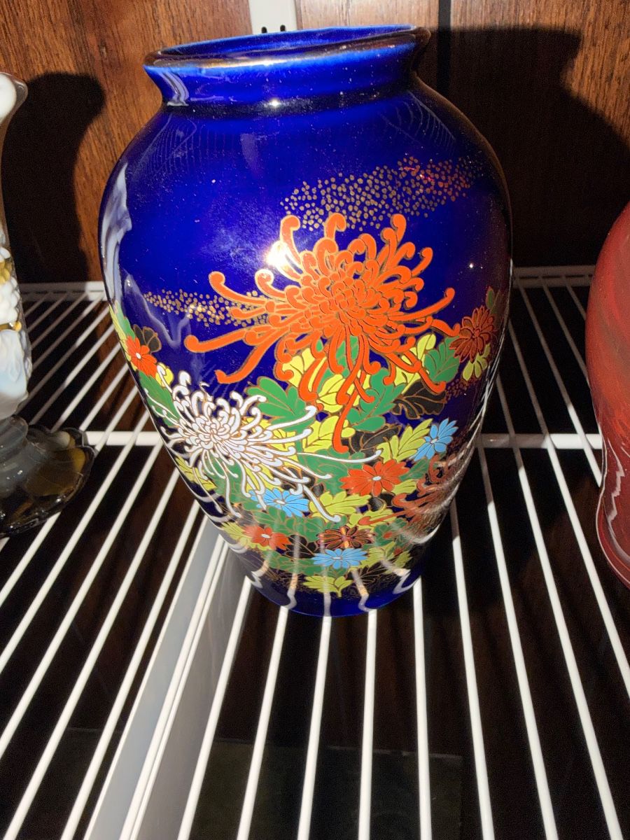 Hand painted cobalt blue art glass vase
