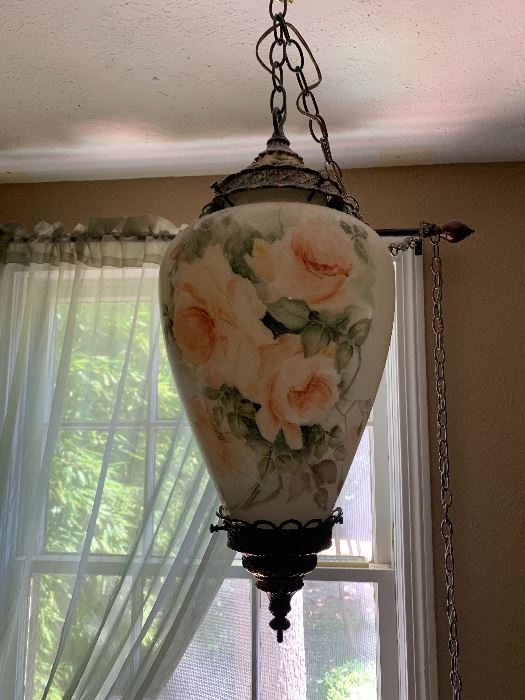 Hand-painted hanging swag lamp with roses