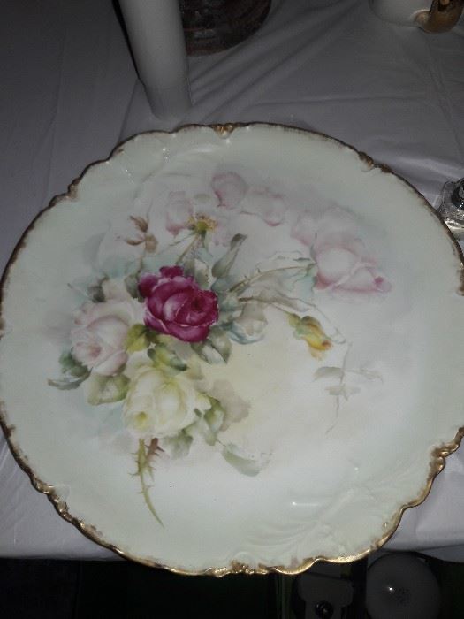 Hand-painted rose plate with gold rim