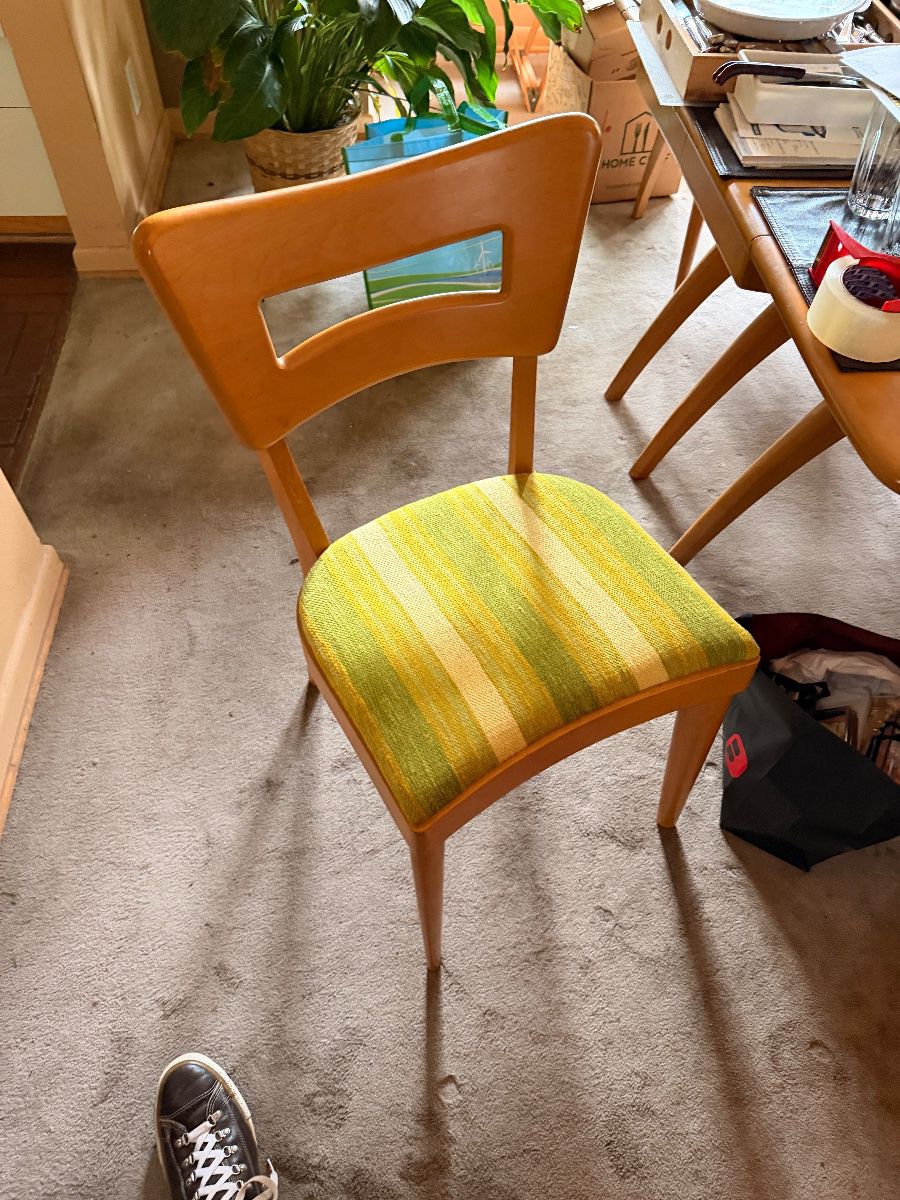 Heywood-Wakefield dog bone dining chair with striped green seat