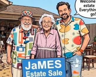 Illustrated cartoon of James Major with an older couple holding a James Estate Sale sign
