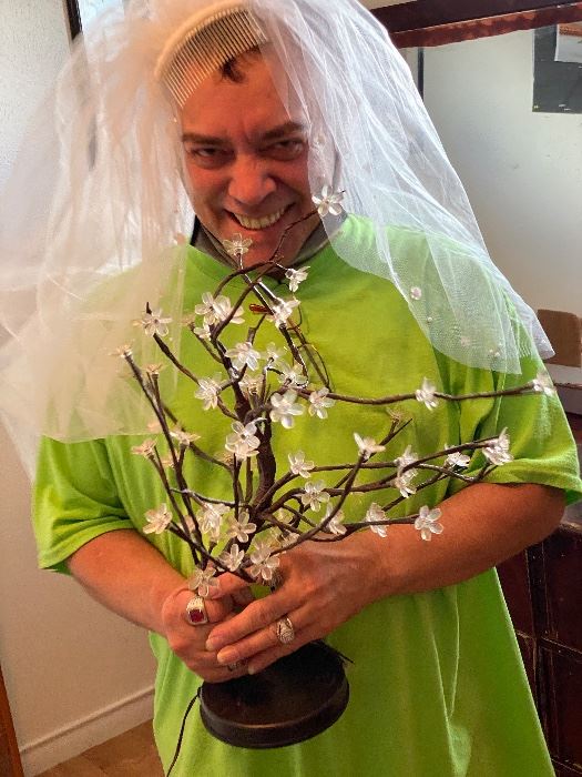 James Major of James Major Estate Sales in a bridal veil holding a flowering branch