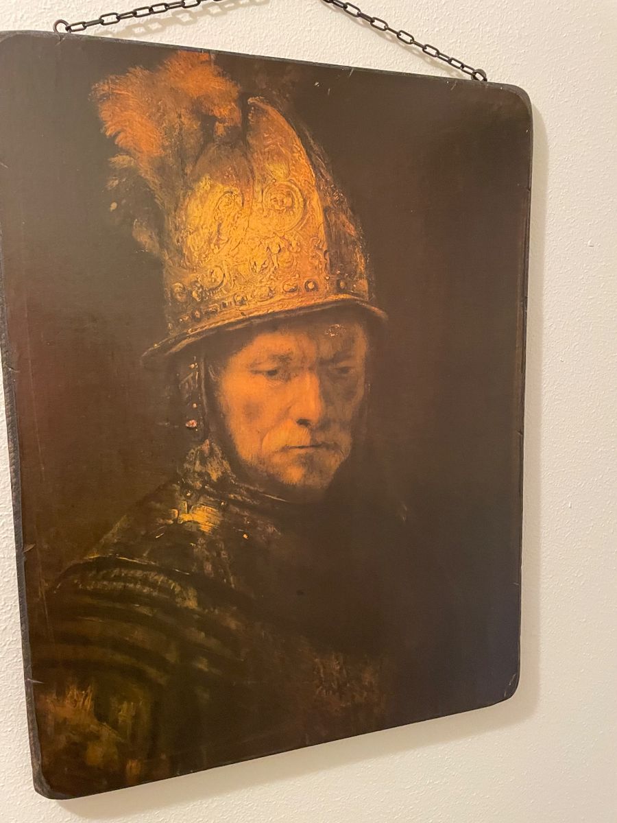 Man with the Golden Helmet art print on wood