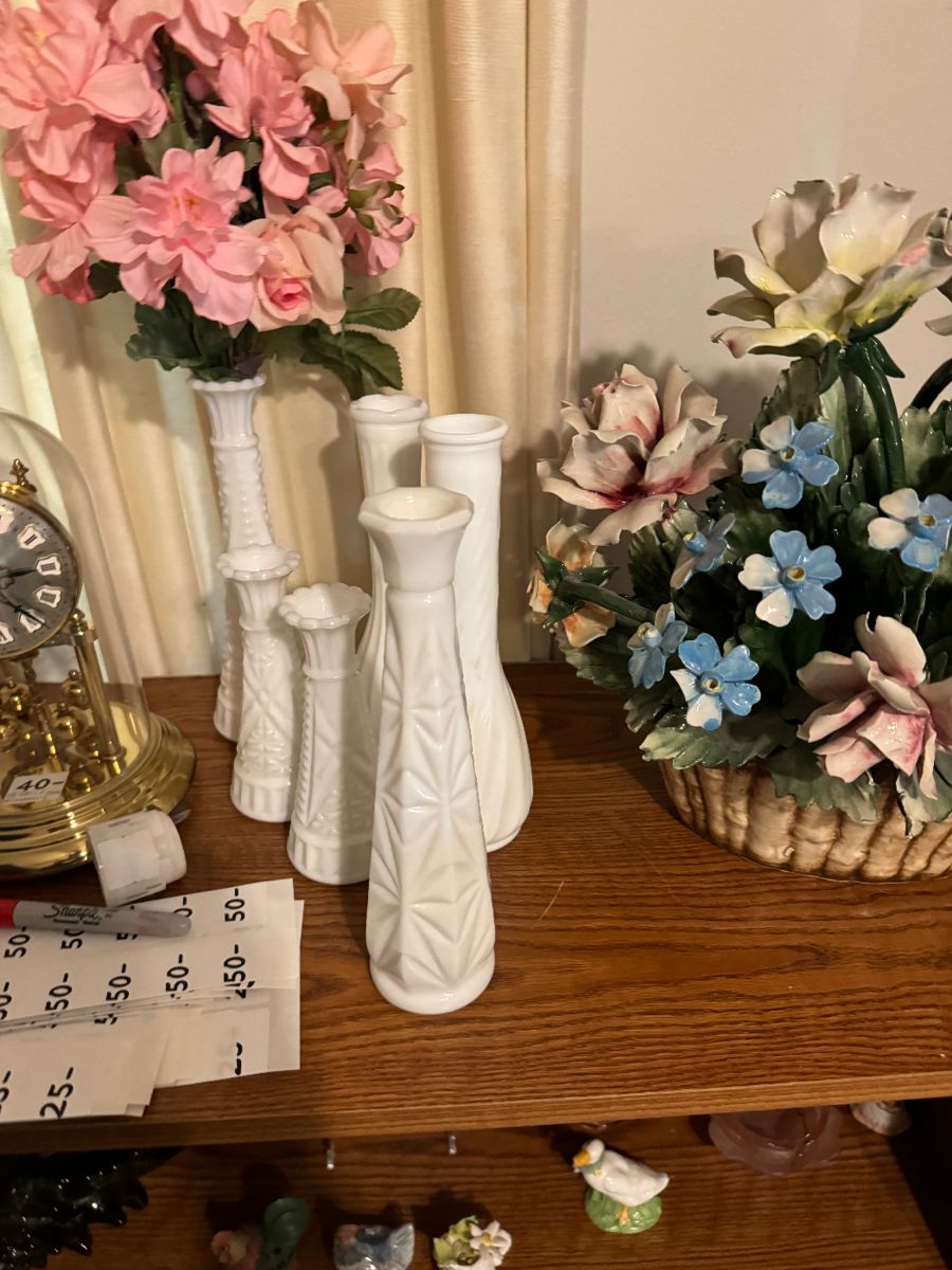Milk glass vases and porcelain flowers