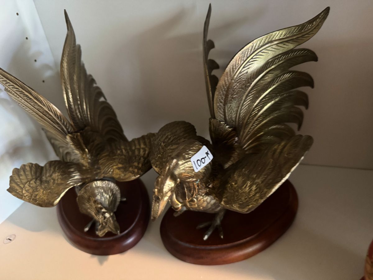 Pair of brass fighting rooster sculptures