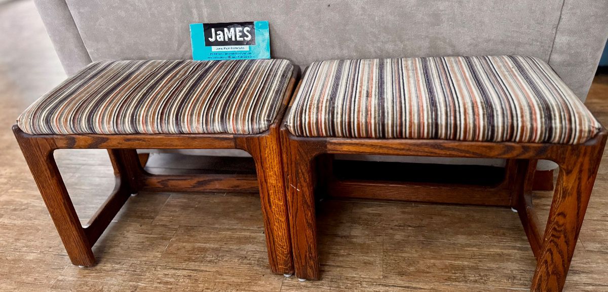 Pair of striped upholstered wood benches