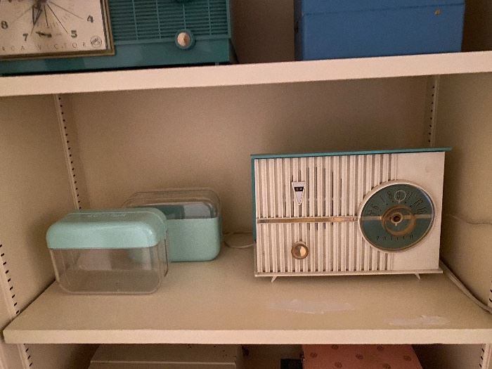Pastel mid-century table radio and bread box