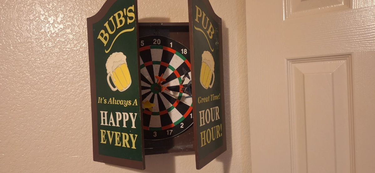 Pub dartboard cabinet with Happy Hour doors