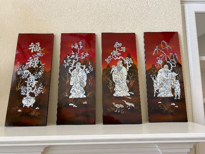 Red lacquer panels with mother-of-pearl figures