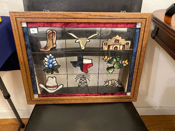 Stained glass Texas panel with boots, longhorn and the Alamo