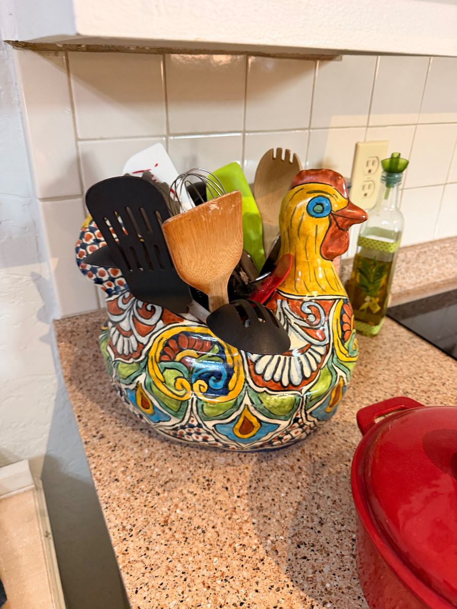 Talavera rooster utensil holder