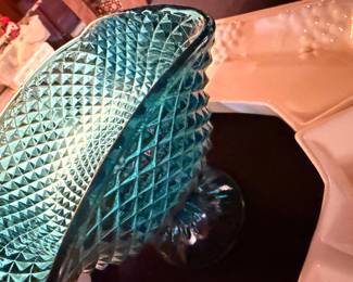 Teal diamond point pressed glass compote