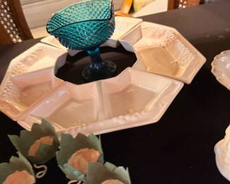 Teal glass compote with white sectioned serving dishes