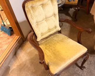 Traditional dining chair with cane back and original gold velvet cushion