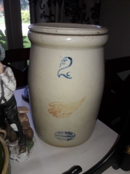 Two gallon stoneware crock with blue number