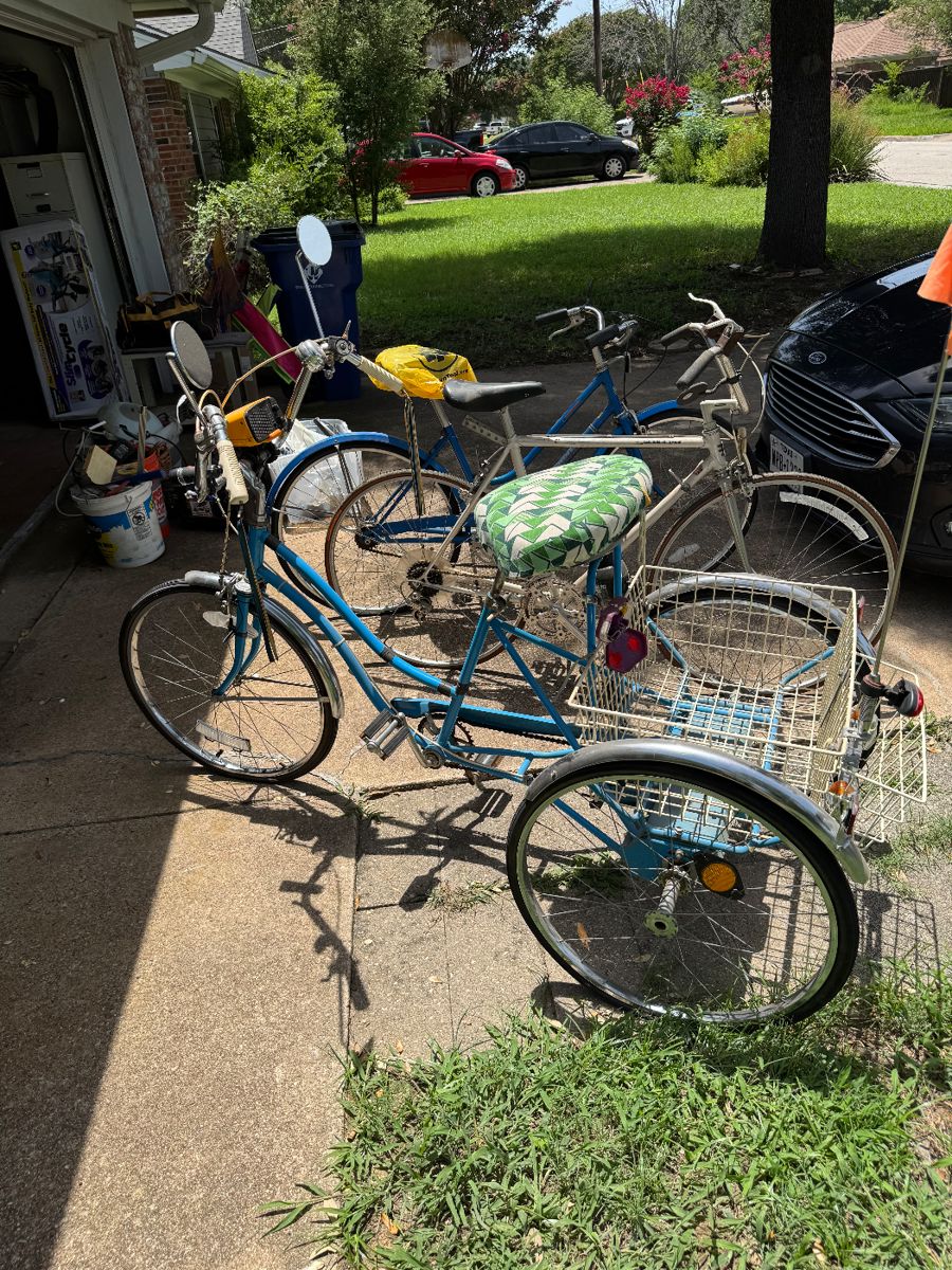 Vintage bicycles and an adult tricycle in the driveway