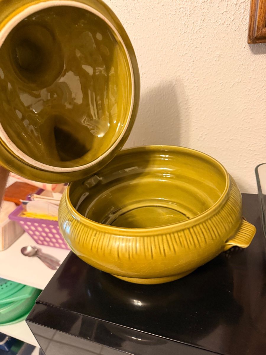 Vintage green glazed pottery tureen with lid