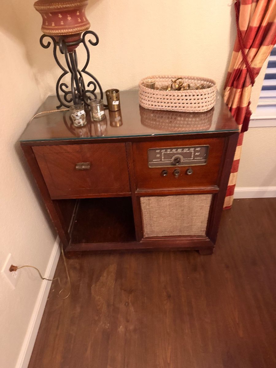 Vintage wood console radio cabinet with speaker grille
