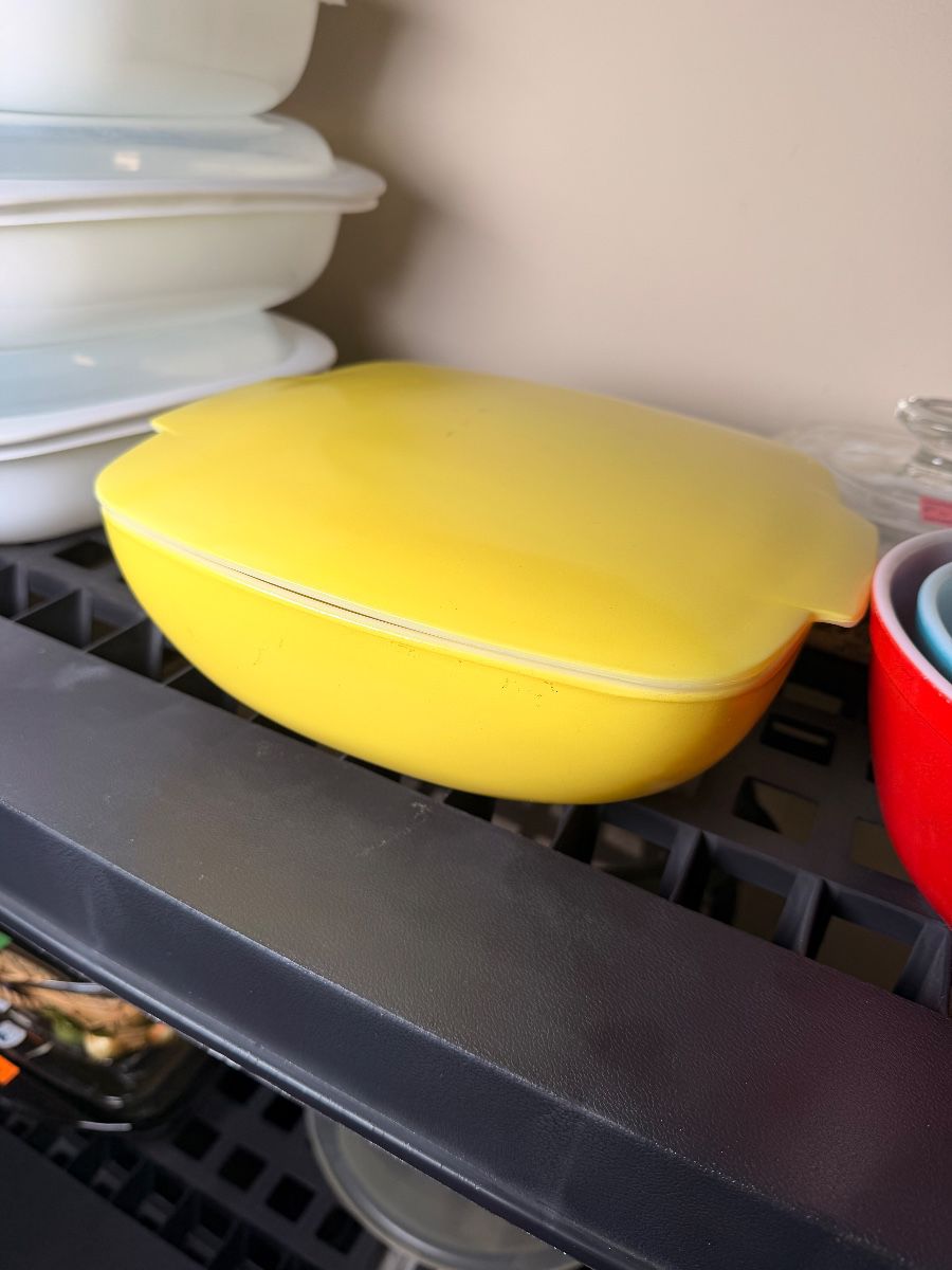 Vintage yellow Pyrex casserole dish with lid