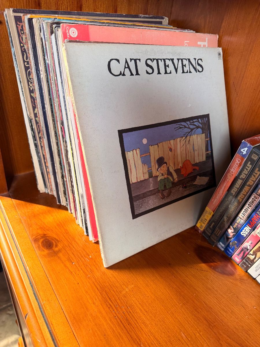 Vinyl record collection including Cat Stevens